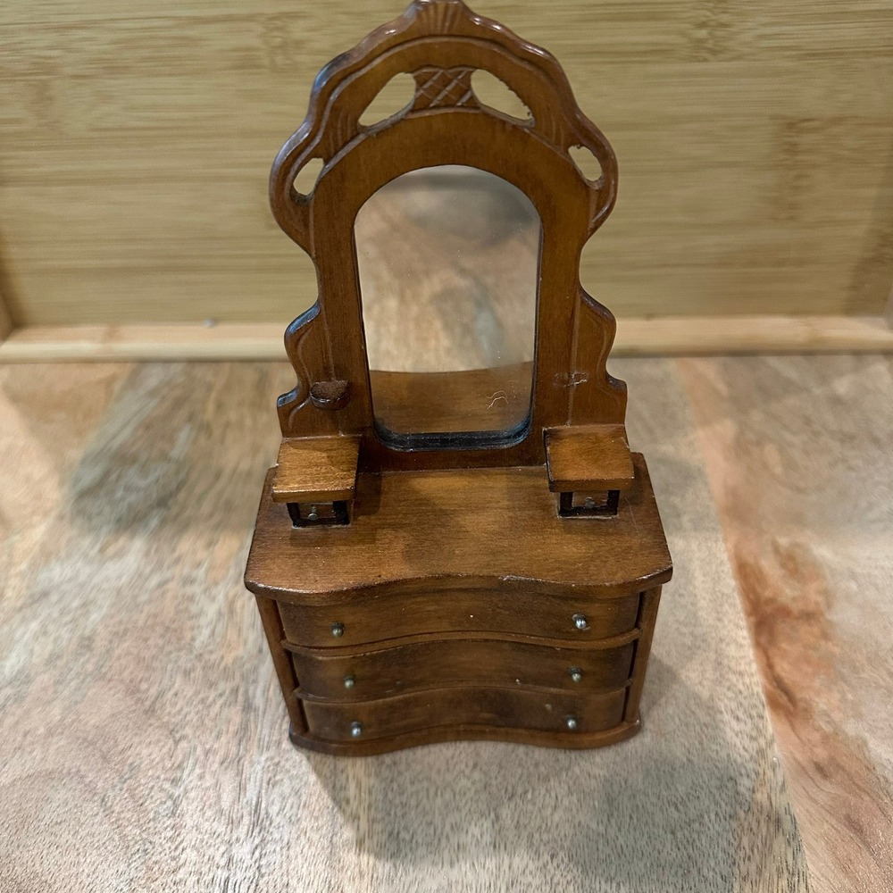 Vintage Miniature Wooden Dresser Vanity with Mirror 3 Drawer Dollhouse Furniture
